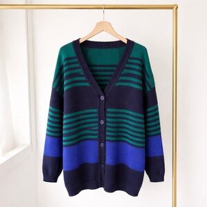 Vintage Paul Harris Striped Cardigan | Green Navy Blue Oversized 90s Knit
